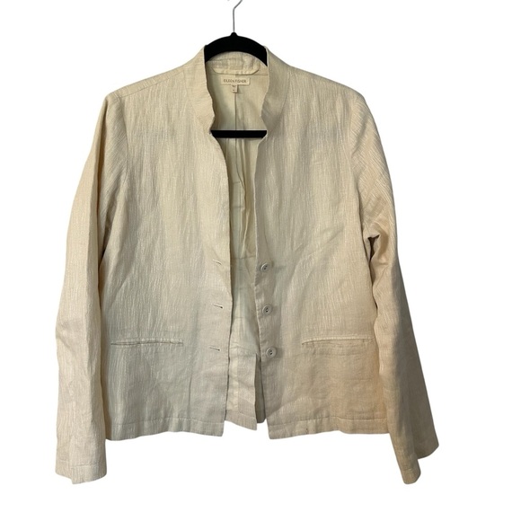 Eileen Fisher Women’s Long Sleeve 100% Linen High Collar Cream Jacket Sz M GUC - Picture 1 of 9